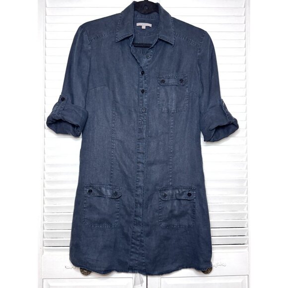Womens French 100% Linen Navy Blue Roll Tab Sleeve Tunic Shirt Jacket Size Small - Picture 3 of 13
